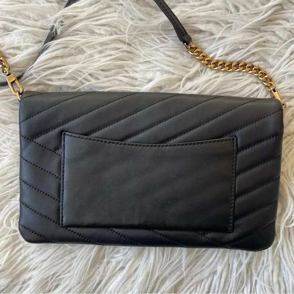 Tory Burch Black Lambskin Leather Convertible Kira Chevron Clutch Logo Bag EUC - Picture 8 of 12